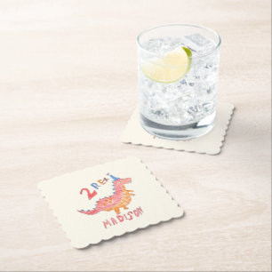 Red dinosaur two rex 2nd birthday party paper coaster