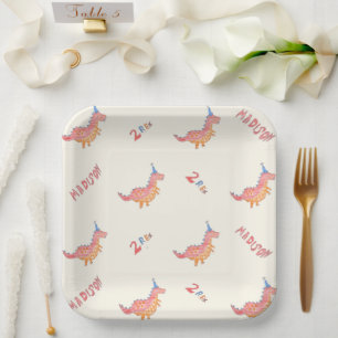 Red dinosaur two rex 2nd birthday party paper plate