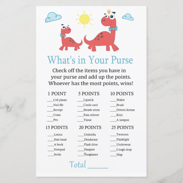 Red dinosaur What's in your purse game baby shower (Front)