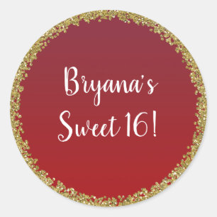Red Dipped Gold Glitter Glam Sparkle Party Classic Round Sticker