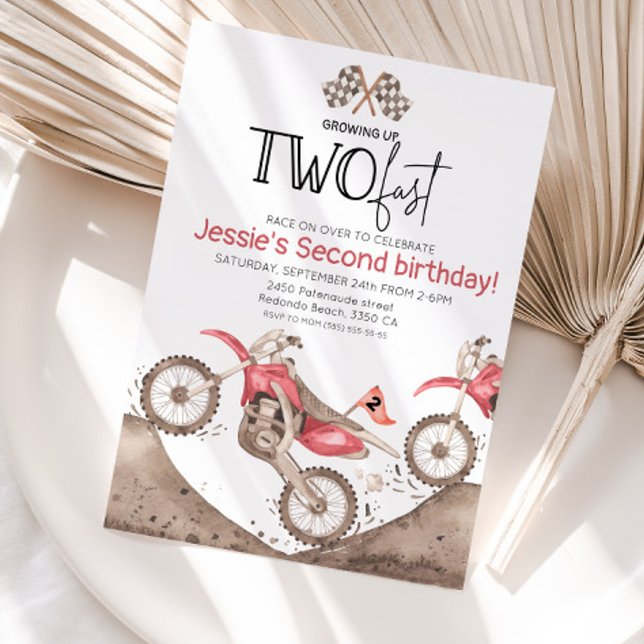 Red Dirt Bike 2nd birthday - Growing up two fast Invitation (Red dirt bike birthday invitation, growing up two fast)