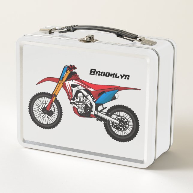 Red dirt bike motorcycle metal lunch box (Front)