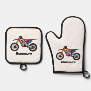 Red dirt bike motorcycle oven mitt & pot holder set