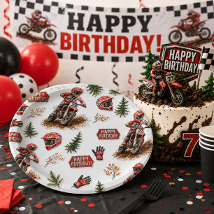Red Dirt Bike Pattern Boys Motocross Birthday Paper Plate