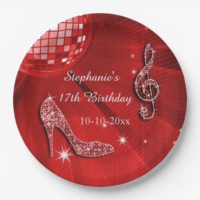 Red Disco Ball and Heels 17th Birthday Paper Plate (Front)
