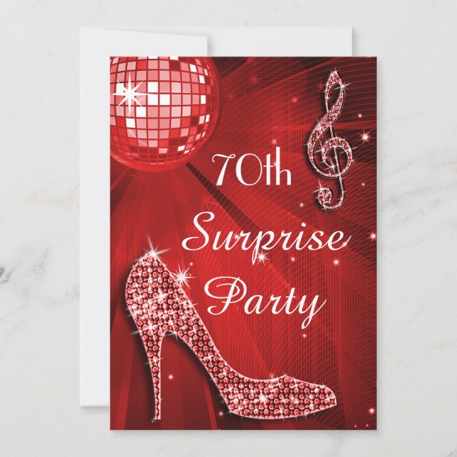 Red Disco Ball and Heels 70th Surprise Birthday Invitation (Front)