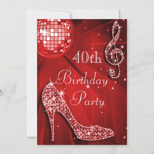 Red Disco Ball and Sparkle Heels 40th Birthday Invitation (Front)