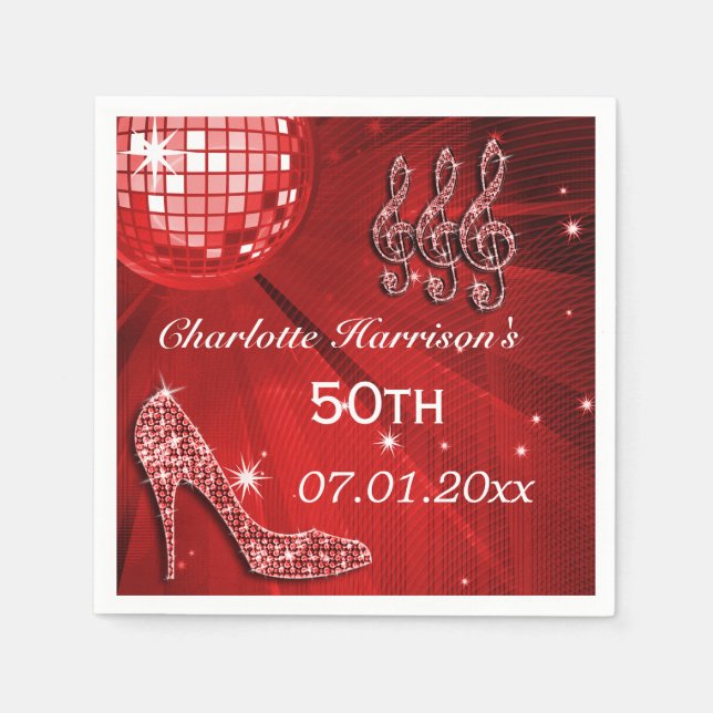 Red Disco Ball and Sparkle Heels 50th Napkin (Front)