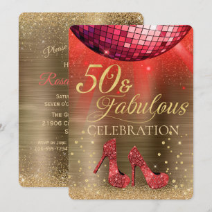 Red Disco Ball Gold 50 and Fabulous Birthday Invitation