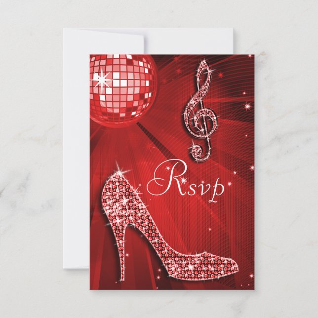 Red Disco Ball Sparkle Heels RSVP Card (Front)