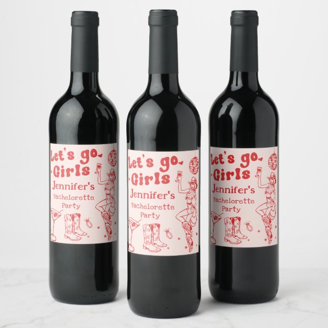 Red Disco Cowgirl Rodeo Bachelorette Party Wine Label (Bottles)