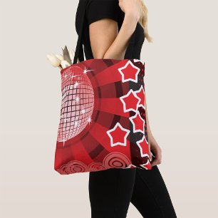 Red Disco Party Theme with Stars and Glitter Ball  Tote Bag