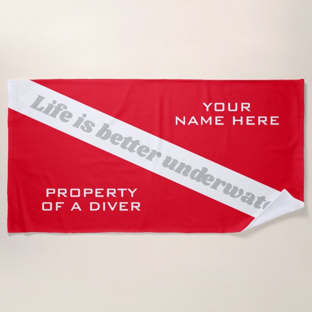 Red diver flag beach towel with funny diving quote (Front)