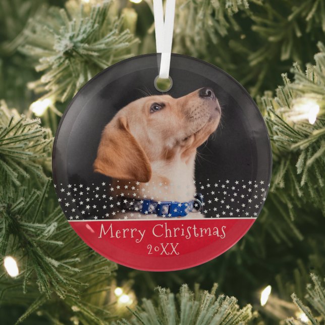 Red Dog Pet Photo Christmas Holiday Keepsake Glass Tree Decoration (Insitu)