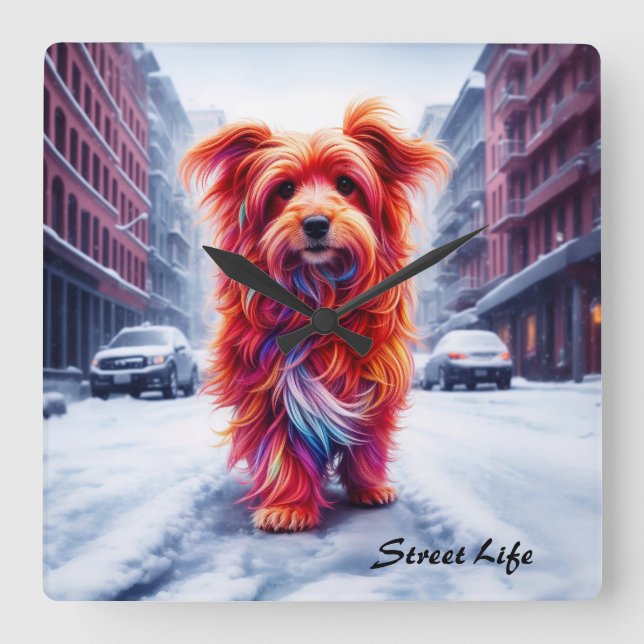 Red dog walking down snowy winter street square wall clock (Front)