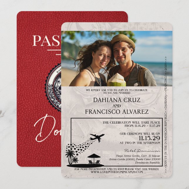 Red Dominican Republic Passport Wedding Invitation (Front/Back)