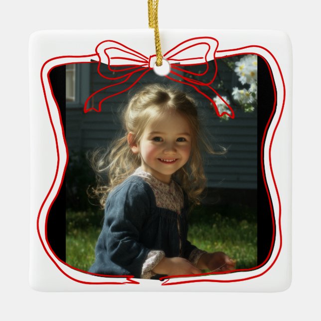 Red Doodle Bow Frame Custom Photo Ceramic Ornament (Front)