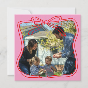 Red Doodle Bow Frame Pink Custom Photo Holiday Card