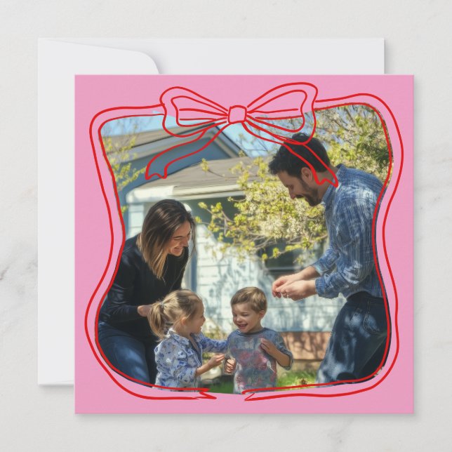 Red Doodle Bow Frame Pink Custom Photo  Holiday Card (Front)