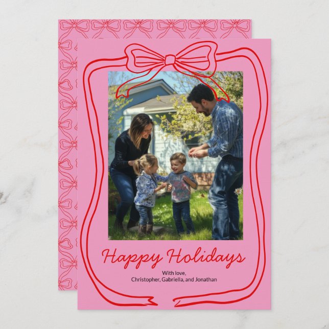 Red Doodle Bow Frame Pink Custom Photo  Holiday Card (Front/Back)