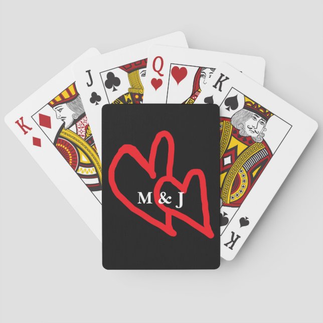 Red Doodle Hearts Couple Monogrammed Initials Cute Playing Cards (Back)