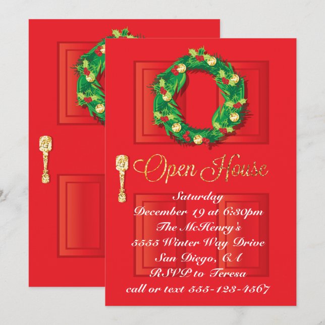 Red Door Christmas Holiday Open House with wreath Invitation (Front/Back)