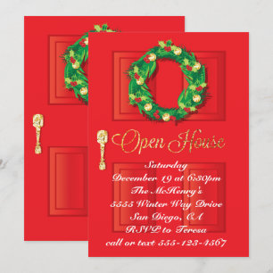 Red Door Christmas Holiday Open House with wreath Invitation