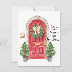 Red Door Potted Trees Wreath Watercolor Holiday Card