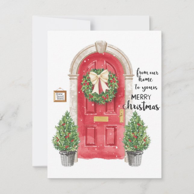 Red Door Potted Trees Wreath Watercolor Holiday Card (Front)