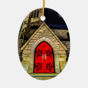 Red Door to Church with Moon Ceramic Tree Decoration