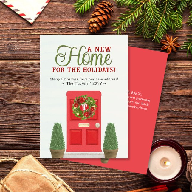 Red Door & Topiaries Watercolor Christmas Moving Holiday Card (Creator Uploaded)