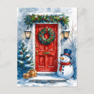 Red Door with Snowman Cozy Christmas Postcard