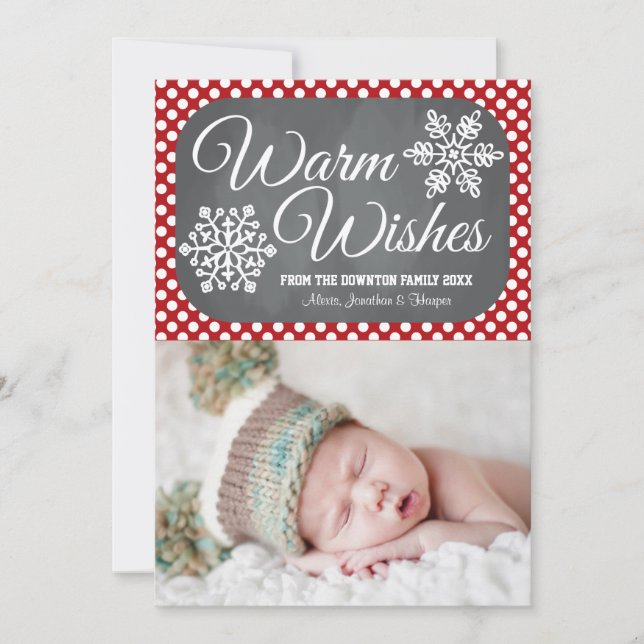 Red Dot Chalkboard Snowflake Holiday Photo Card (Front)