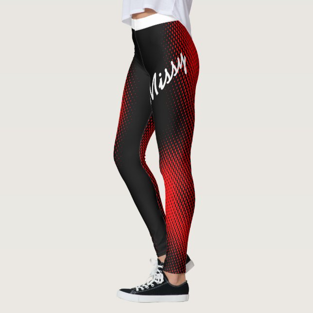 Red Dot Pattern with Name in Large Script on BLACK Leggings (Left)