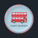 Red Double Deck London Bus Birthday Party Supplies Paper Plate<br><div class="desc">Party paper plates with a red double decker bus inspired by the vintage London buses. Perfect for the London or bus themed birthday party. Blue,  red and white stripes for decoration in the background. Personalise with your party message.</div>