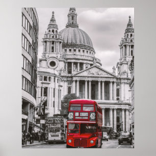 Red Double-Decker Bus by London St Paul Cathedral Poster