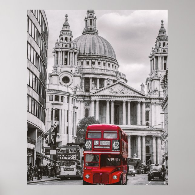 Red Double-Decker Bus by London St Paul Cathedral Poster (Front)