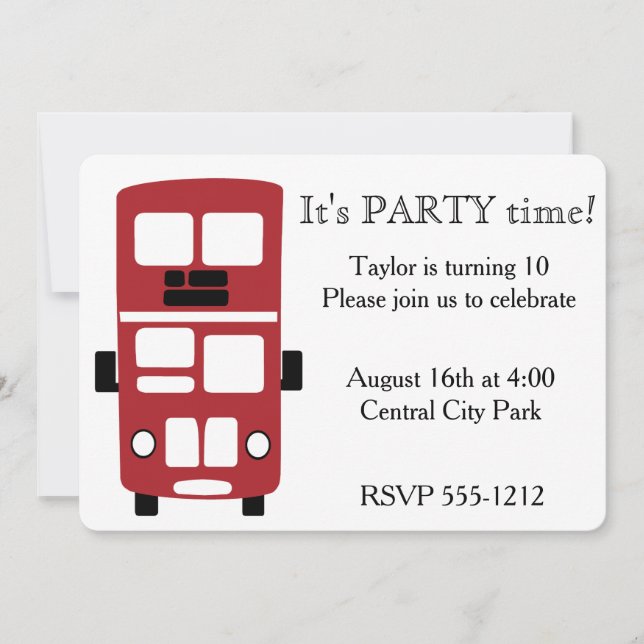Red double decker bus custom invitation (Front)