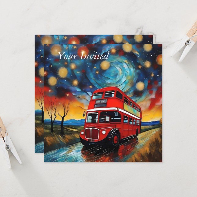 Red Double Decker Bus On A Starry Night, Invitation (Front/Back In Situ)