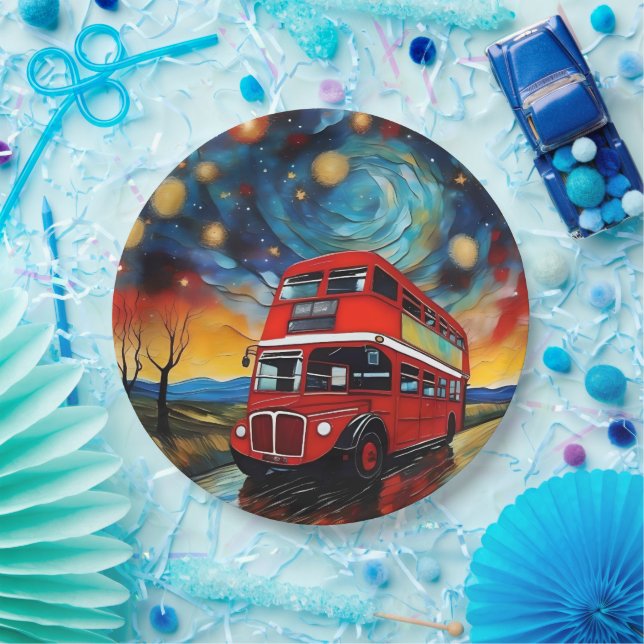 Red Double Decker Bus On A Starry Night, Paper Plate (Party)