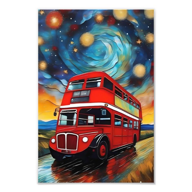 Red Double Decker Bus On A Starry Night, Photo Print (Front)