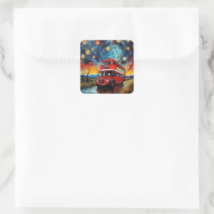 Red Double Decker Bus On A Starry Night, Square Sticker