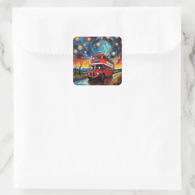 Red Double Decker Bus On A Starry Night, Square Sticker (Bag)