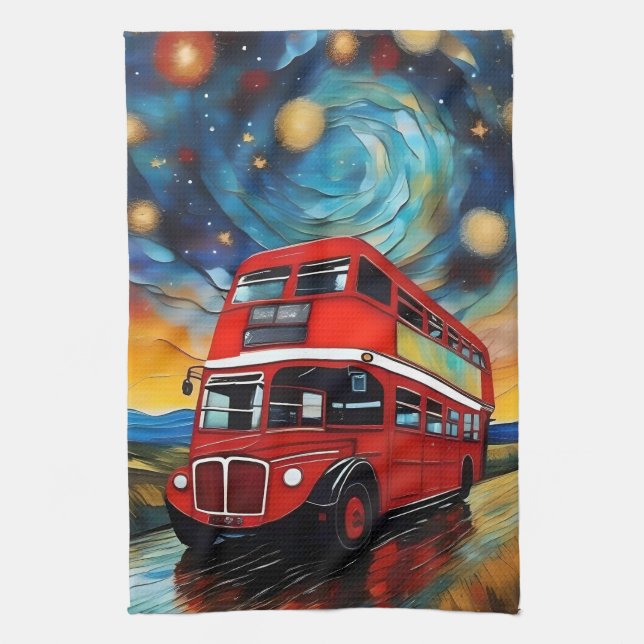 Red Double Decker Bus On A Starry Night, Tea Towel (Vertical)