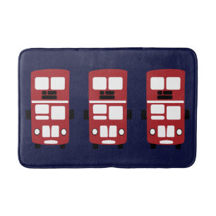 Red double decker bus on navy knob bathmat rug