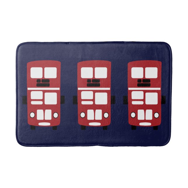 Red double decker bus on navy knob bathmat rug (Front)