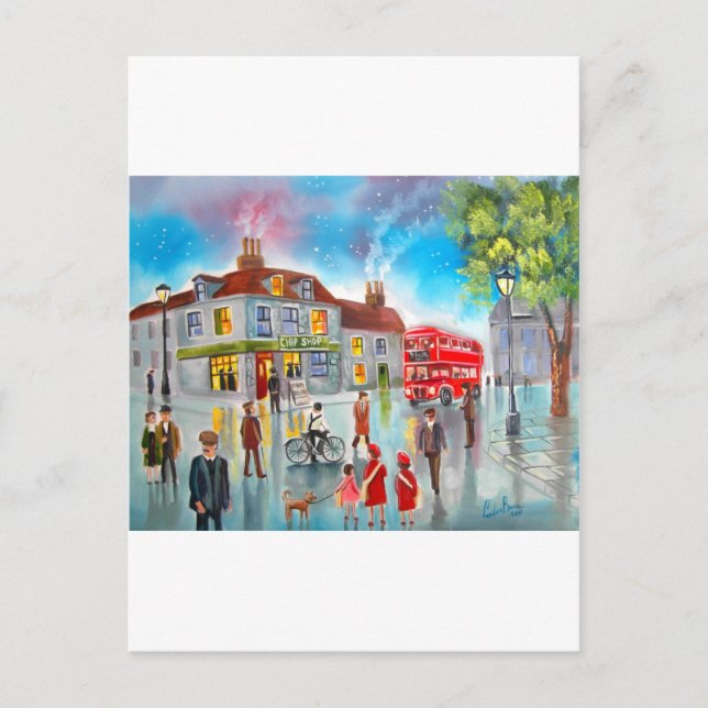 Red double decker bus street scene painting postcard (Front)