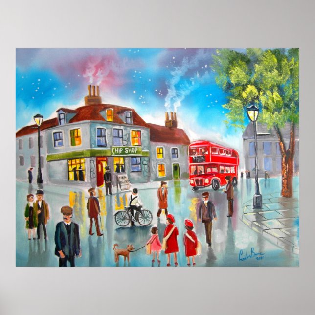 Red double decker bus street scene painting poster (Front)