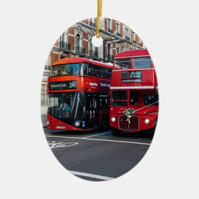 Red Double Decker Buses Ceramic Tree Decoration (Front)