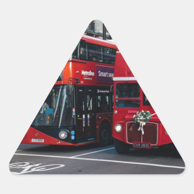 Red Double Decker Buses Triangle Sticker (Front)